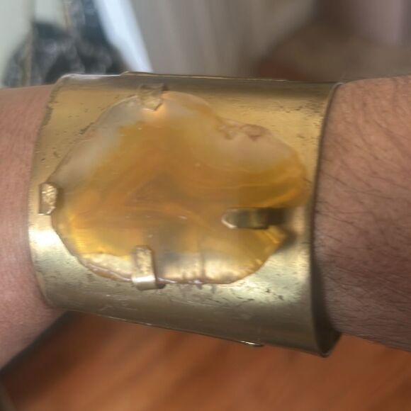 Vintage Brass Cuff Wide Statement Bracelet With Yellow Stone Carnelian MCM - Picture 4 of 4